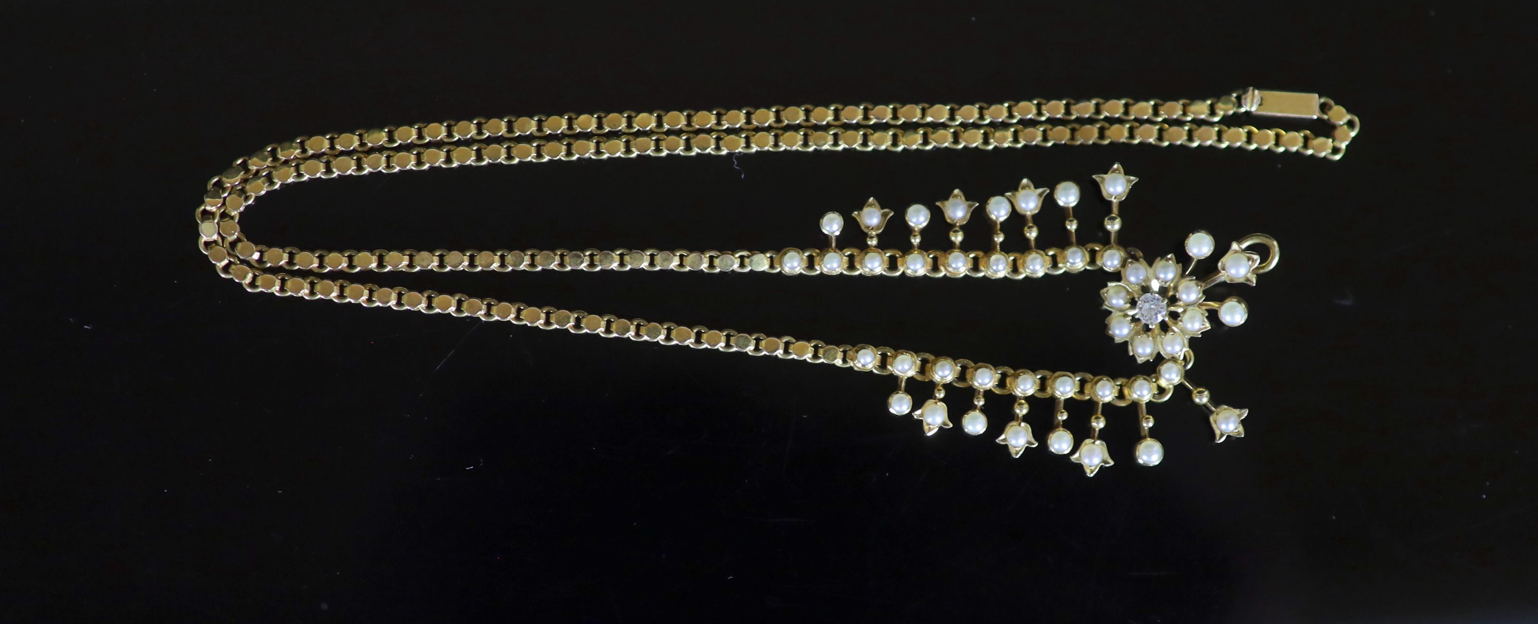 A Victorian gold, pearl and diamond set necklace, lacking drop, together with a similar crescent brooch